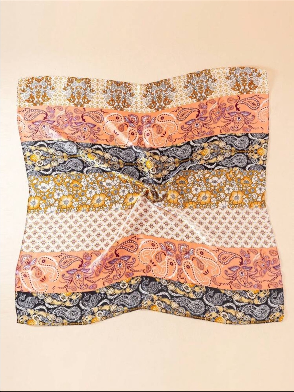 Boho Paisley Silk Square Scarf in Peach, Mustard & Black | Hair/Bag/Pashima - Picture 2 of 3